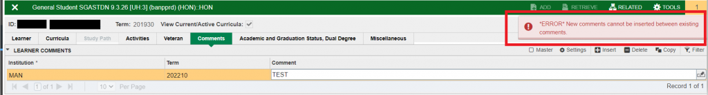 SGASTDN page Comments tab, error message displayed. 